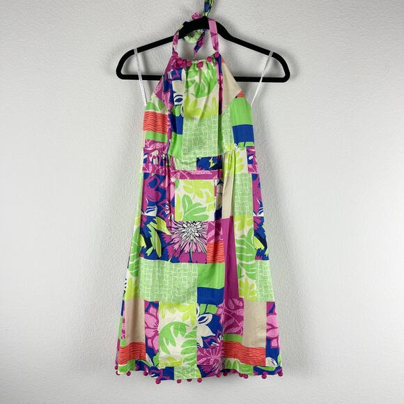 Lilly Pulitzer Brighton Patchwork Print Halter Dress Womens 2 Green Pink Pom - Picture 1 of 13